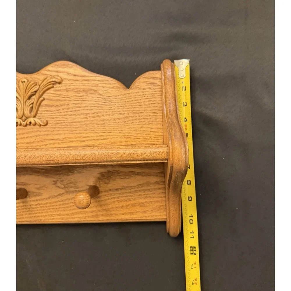 Vintage Solid Oak Hanging Wall Shelf Carved Floral Scroll Appliqué 20